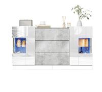Generisch Aparador moderno con iluminación LED (140 x 35 x 75 cm) - Frentes blancos brillantes, 3 cajones y 2 puertas, aspecto de mármol gris, control inteligente de aplicación LED RGB, espacio de