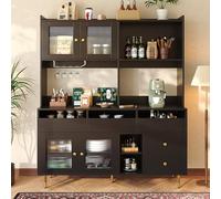 Generisch Armario alto de comedor con puertas de cristal perforado y estante para copas de vino, 145 cm, diseño noble en negro/dorado, almacenamiento multifuncional para salas de estar modernas