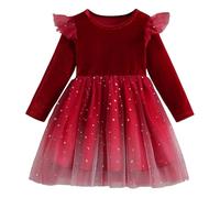 Generisch AToddler - Tutú para niña, terciopelo, tul, manga larga, volantes, fiesta de vacaciones, rojo, 3-4 años