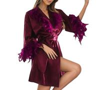 Generisch Bata de mujer con plumas para boda, camisón de satén, elegante, albornoz para piscina, traje ventilado, pijama, fiesta, resort, ropa de noche, dama de honor, festival, Estilo/G07 Púrpura, L