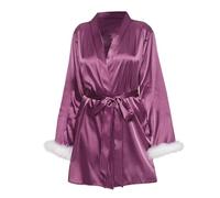 Generisch Bata de mujer ligera de satén corto, albornoz de sauna para mujer, corto, sexy, con cuello en V, ropa de dormir, informal, holgada, cómoda, bata de dormir monocolor, albornoz con cinturón