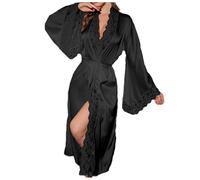 Generisch Bata larga para mujer, bata de color liso, manga de encaje, vestido de kimono de satén, vestido de primavera y verano, bata de color puro, bata de seda ligera, kimono nupcial, cuello en V