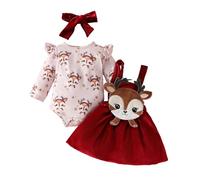 Generisch Bebé Niña Navidad Manga Larga Dibujos Animados Romper Body Ciervo Tirantes Faldas Trajes Conjunto Recién Nacido Niña, rojo, 3-6 meses