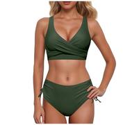 Generisch Bikini de cintura alta para mujer, traje de baño sexy de dos piezas, traje de baño de dos piezas con estampado de volantes, cintura alta, verde militar-1., L