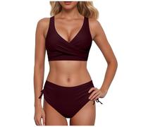 Generisch Bikini de cintura alta para mujer, traje de baño sexy de dos piezas, traje de baño de dos piezas con estampado de volantes, cintura alta, Vino-1., L