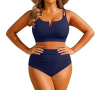 Generisch Bikini Mujer Conjunto Abdominal Plus Size Bikini Alta Waisted Rippstrick Traje de baño de dos piezas Traje de baño con aros en V 2026, marine, 20