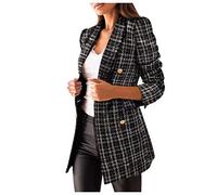 Generisch Blazer Blazer - Blazer de negocios a cuadros para mujer, con doble botonadura, otoño, invierno, tallas grandes, chaqueta de entretiempo, manga larga, cuello en V, sexy, minichaqueta,