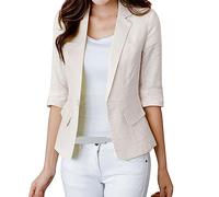 Generisch Blazer Chaqueta corta para mujer de manga 3/4 de lino y algodón, corte ajustado, con bolsillos, monocolor, temperamento, con un botón, chaqueta de vestir, chaqueta de vestir, ligera,