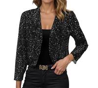 Generisch Blazer de mujer de manga larga con lentejuelas, bolero, cardigan, con abertura en el frente, chaqueta de punto, chaqueta corta, monocolor, brillante, elegante, para boda, fiesta, Negro , XL