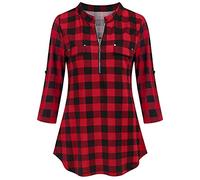 Generisch Blusa a cuadros para mujer - Blusa a cuadros túnica informal con cuello reclinable Flosa Tops Blusa tradicional con botones de manga larga Oktoberfest Mujer Camisa a cuadros cuello en V Tops