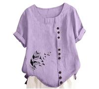 Generisch Blusa asimétrica de aspecto de lino para niña con estampado de plumas voladoras de tejido agradable para la fiesta familiar y la visita al museo veraniego