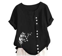 Generisch Blusa asimétrica de aspecto de lino para niña con estampado de plumas voladoras de tejido agradable para la fiesta familiar y la visita al museo veraniego