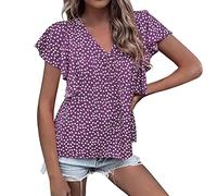 Generisch Blusa bohemia informal con cuello en V para mujer, con estampado de lunares, manga de ruffle, top con hombros descubiertos para mujer, morado, S