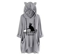 Generisch Blusa casual de mujer irregular con bolsillo con capucha con impresión de manga larga de manga larga blusa de gato negro sexy, gris, L