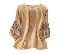 Generisch Blusa de lino de algodón bordada Boho para mujer Top de verano con un solo pecho frontal Blusa colorida para mujer, beige, XL