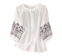 Generisch Blusa de lino de algodón bordada Boho para mujer Top de verano con un solo pecho frontal Blusa colorida para mujer, Blanco, XXL