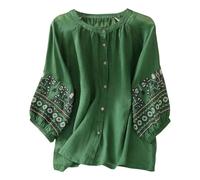 Generisch Blusa de lino de algodón bordada Boho para mujer Top de verano con un solo pecho frontal Blusa colorida para mujer, verde, XL