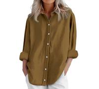 Generisch Blusa de lino de manga larga para mujer, blusas informales, holgadas, vestido a cuadros para mujer, caqui, XXL