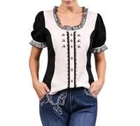 Generisch Blusa de manga corta brillante con cuello redondo para mujer de estilo medieval con ribete de encaje para primavera, Negro , S