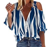 Generisch Blusa de manga larga para mujer con estampado de letras, hombros descubiertos, blusa de manga larga para mujer, azul, L