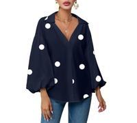 Generisch Blusa de manga larga para mujer, cuello en V, lunares, Blue Polka Dot, XL/6XL