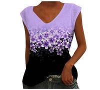 Generisch Blusa de mujer con cuello en V, ajuste holgado, color liso, blusa casual con mangas casquillo, morado, XXL