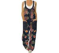 Generisch Blusa de mujer con estampado floral tirantes cuello redondo bolsillos mono largo mameluco de moda para el, Negro , 5XL