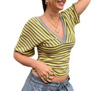Generisch Blusa de punto acanalado para mujer, con mangas en V, para adelgazar, amarillo, S