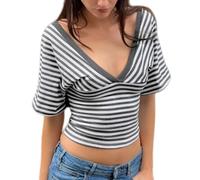 Generisch Blusa de punto acanalado para mujer, con mangas en V, para adelgazar, gris, S