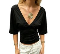 Generisch Blusa de punto acanalado para mujer, con mangas en V, para adelgazar, Negro , M