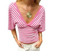 Generisch Blusa de punto acanalado para mujer, con mangas en V, para adelgazar, Rosa., XS