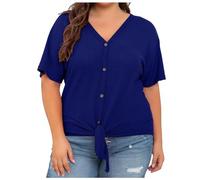 Generisch Blusa de túnica de punto para mujer, talla grande, manga corta, cuello en V, con lazo frontal, con botones, 44, azul, XL