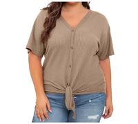 Generisch Blusa de túnica de punto para mujer, talla grande, manga corta, cuello en V, con lazo frontal, con botones, 44, caqui, 3XL