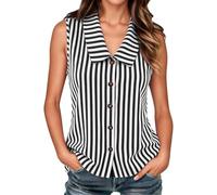 Generisch Blusa de verano para mujer, a rayas, cuello de Peter-Pan-Can, sin mangas, blusa de lino, blusa de algodón, camisa de lino, informal, muselina, camiseta de lino, con botones, blusa de verano