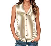 Generisch Blusa de verano para mujer, a rayas, cuello de Peter-Pan-Can, sin mangas, blusa de lino, blusa de algodón, camisa de lino, informal, muselina, camiseta de lino, con botones, blusa de verano