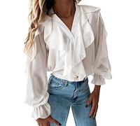 Generisch Blusa elegante con cuello en V, volantes lisos, mangas abullonadas, para mujer, parte superior de fiesta, Blanco, XXL