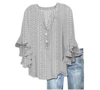 Generisch Blusa elegante de color liso de manga corta para mujer, cuello en V, corbata, botón, tejido hueco, mangas holgadas, informales, transpirables, tallas grandes, gris, XXL
