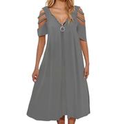 Generisch Blusa elegante de verano vintage para mujer, cuello en V, cremallera, hombros descubiertos, camisas, mariposas, manga corta, blusa larga, vestido de línea A, vestido informal suelto, vestido