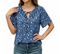 Generisch Blusa informal de gasa con mangas acampanadas, elegante y fluida para mujer, camisa suave y ligera con cuello en V, azul oscuro, M