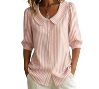Generisch Blusa Mujer Verano 2026 Casual Cuello Peter Pan Mangas 3/4 Abotonadas Estilo Retro Corte Holgado Rayas para Trabajo Playa, Rosa., L