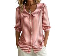 Generisch Blusa Mujer Verano 2026 Casual Cuello Peter Pan Mangas 3/4 Abotonadas Estilo Retro Corte Holgado Rayas para Trabajo Playa, rojo, M
