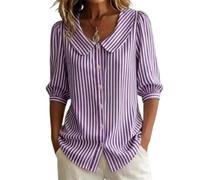 Generisch Blusa Mujer Verano 2026 Casual Cuello Peter Pan Mangas 3/4 Abotonadas Estilo Retro Corte Holgado Rayas para Trabajo Playa, morado, 3XL