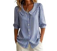 Generisch Blusa Mujer Verano 2026 Casual Cuello Peter Pan Mangas 3/4 Abotonadas Estilo Retro Corte Holgado Rayas para Trabajo Playa, azul, M