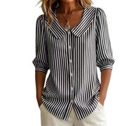 Generisch Blusa Mujer Verano 2026 Casual Cuello Peter Pan Mangas 3/4 Abotonadas Estilo Retro Corte Holgado Rayas para Trabajo Playa, Negro , XL