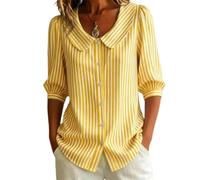Generisch Blusa Mujer Verano 2026 Casual Cuello Peter Pan Mangas 3/4 Abotonadas Estilo Retro Corte Holgado Rayas para Trabajo Playa, amarillo, M