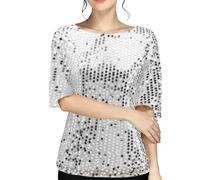 Generisch Blusa para mujer, color liso, elegante, manga 1/2, cuello redondo, lentejuelas, suéter negro elegante, plata, L