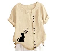Generisch Blusa para niña con diseño de gato - túnica de manga corta con botones y estampado de mariposas | Camisa informal de verano de aspecto de lino