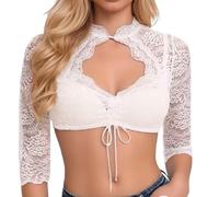 Generisch Blusa tirolesa de encaje, blusa para mujer, color blanco, manga larga, cuello en V, tira de botones, para Oktoberfest y carnaval, color blanco, XL