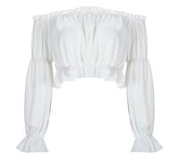 Generisch Blusa túnica de color liso para mujer con mangas abullonadas ultracortas y hombreras para el festival alemán de la cerveza, traje Ding-Dong, Blanco, L