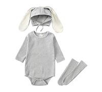 Generisch Body acanalado con orejas de conejo para recién nacidos, para bebé, niño, niña, con oreja, sombrero, calcetines, conjunto de ropa, gris, 6-12 meses